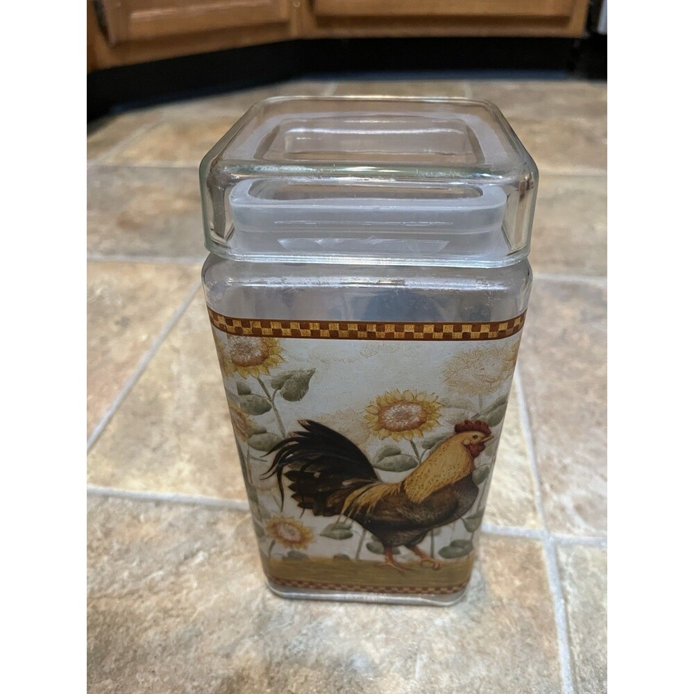 Grant Howard square glass canister with Rooster design 9”x4"